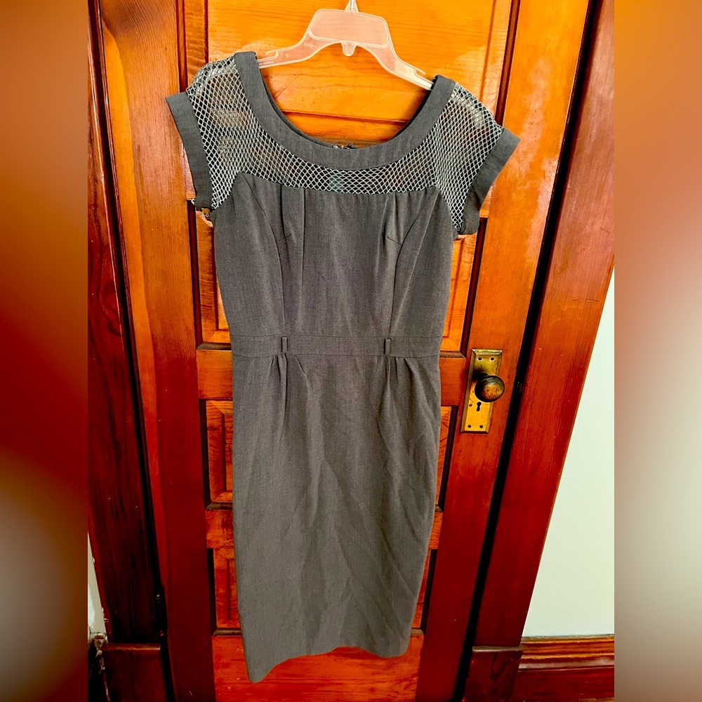 Bettie Page Charcoal Gray Sheath Dress with Mesh Yoke